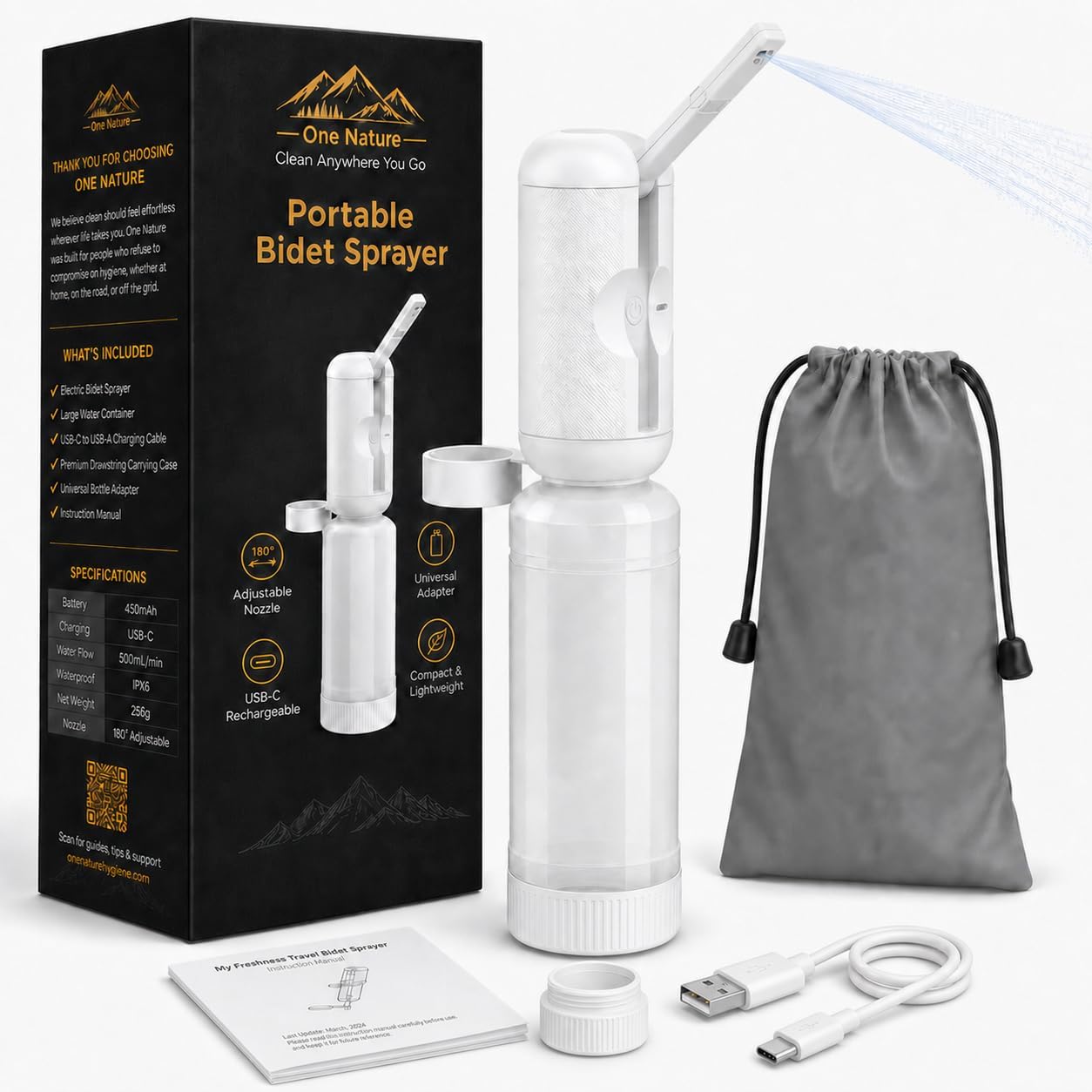 One Nature Portable Bidet Sprayer in White — box and kit